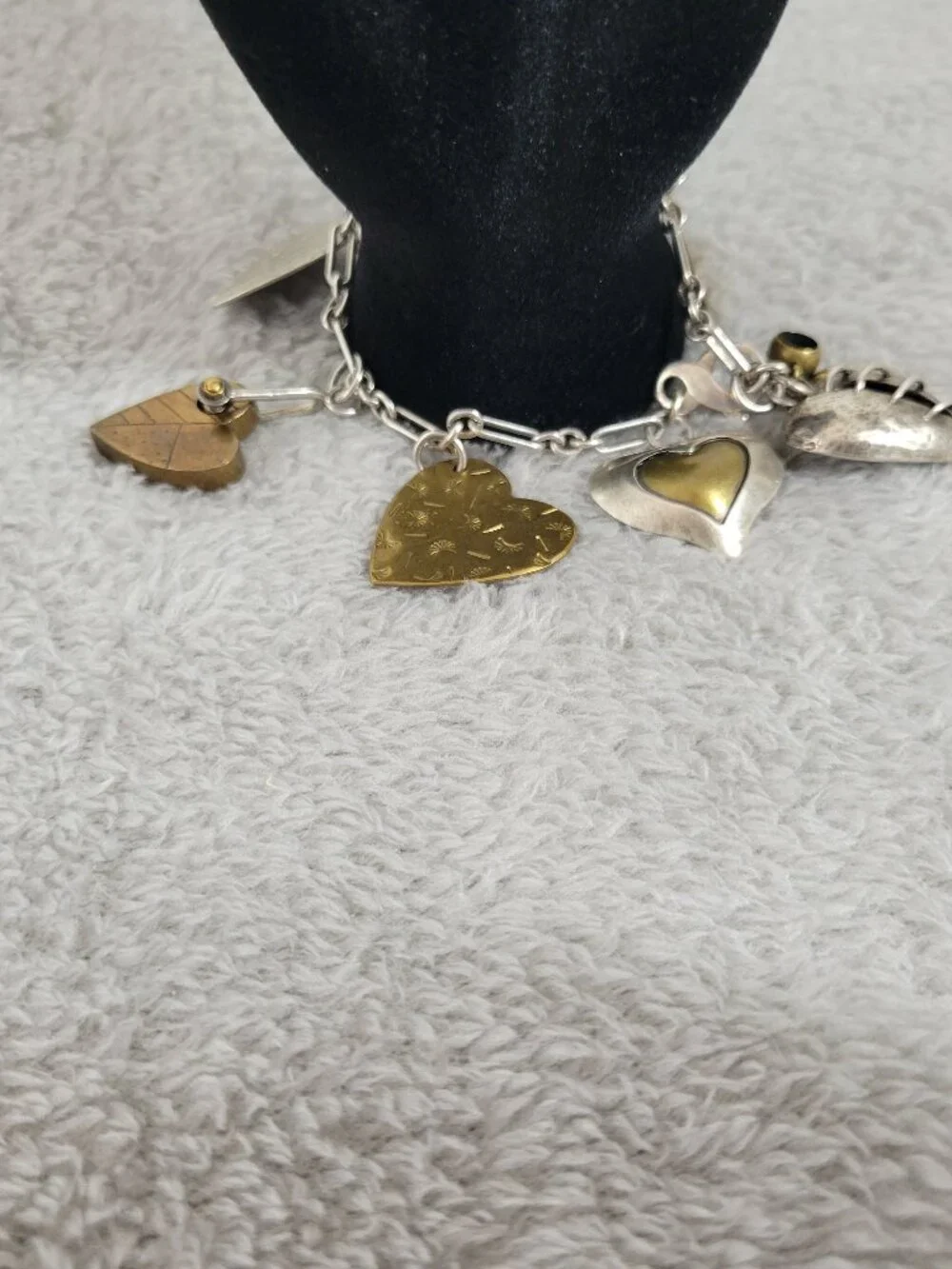 Artisan Mixed Metal Heart Charm Bracelet Sterling Silver Brass Multi-Charm B13E